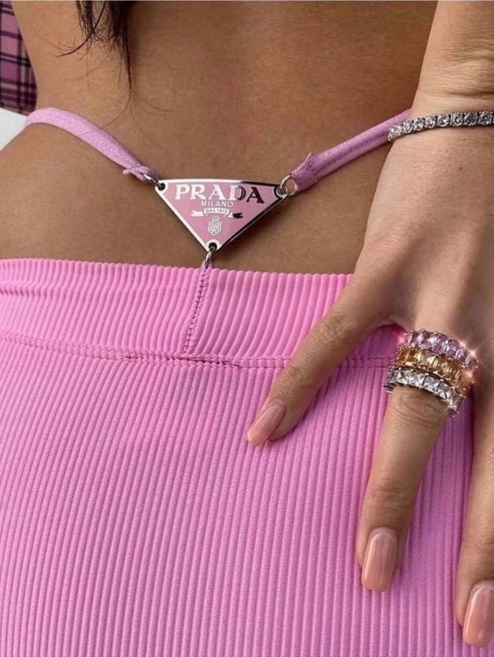PRADA Reworked Smooth Nylon Pink Logo Charm V-string Thong Size Sm